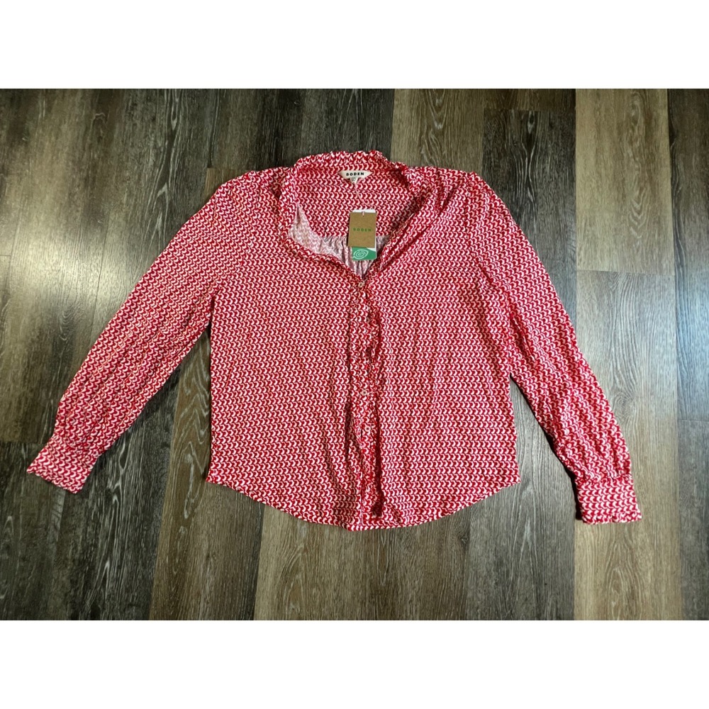 Boden Button Down Blouse Womens 16-18 Red White Geometric Ruffle Collar Top